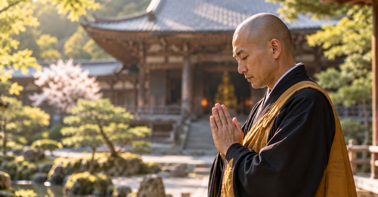 合掌する僧侶と寺院の本堂