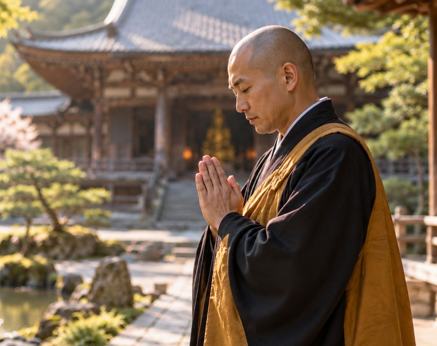 合掌する僧侶と寺院の本堂